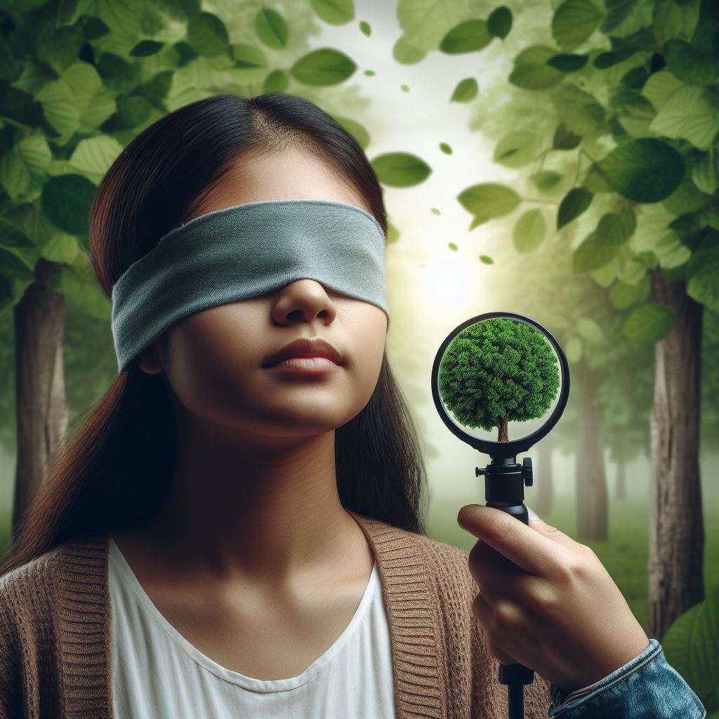 niewidoma dziewczyna w parku; ma opaskę na oczach